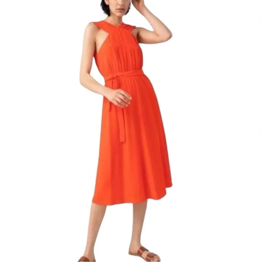 New & OTHER STORIES‎ Orange Sleeveless Cross Front Halter Tie Midi Dress Size 12